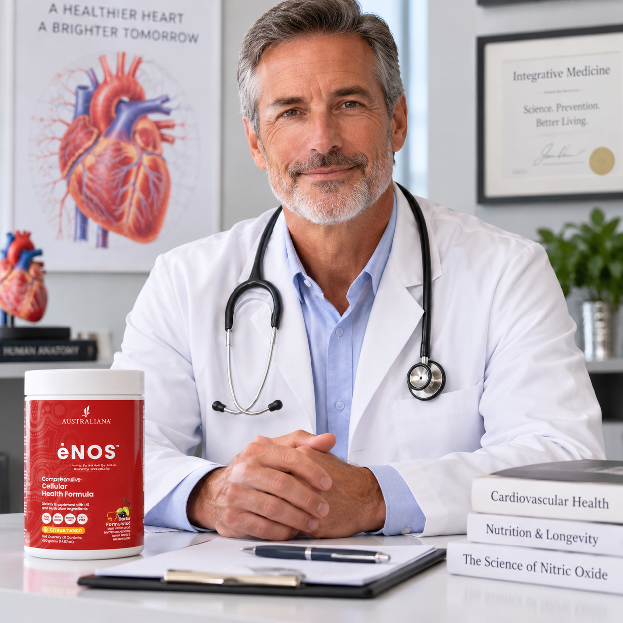Doctor in a clinic with the ėNOS canister on the desk