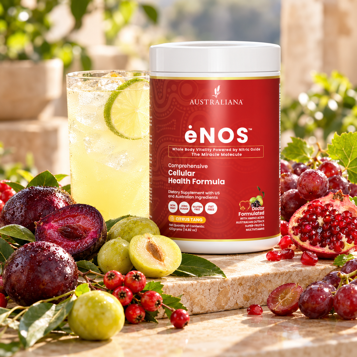 ėNOS canister with a glass of ėNOS over ice surrounded by fresh Australian super-fruits