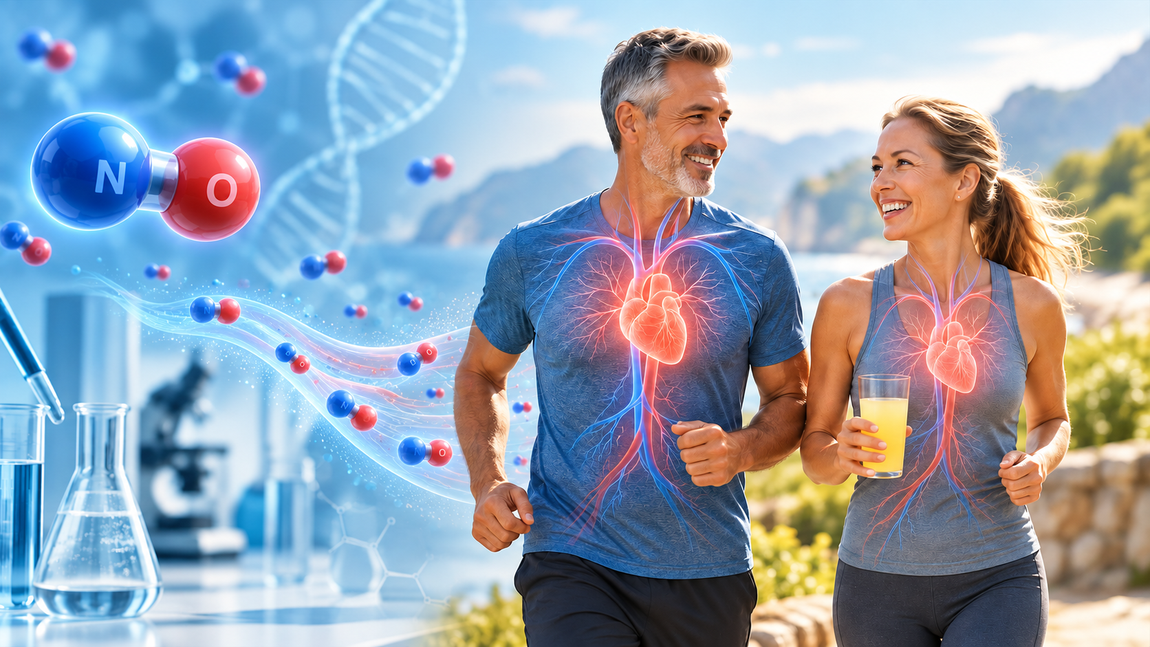 Active mature couple with illustrated heart and circulation, nitric oxide molecules and laboratory glassware