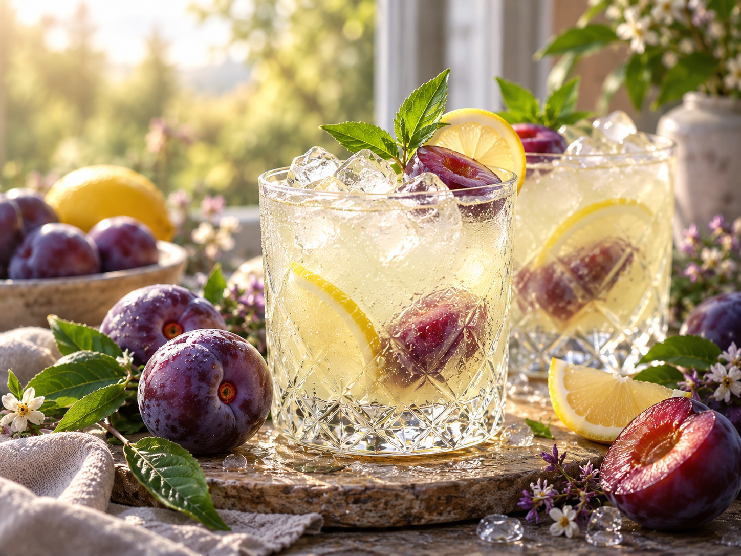 Glasses of ėNOS over ice with lemon, mint and Davidson's plums on a sunlit table
