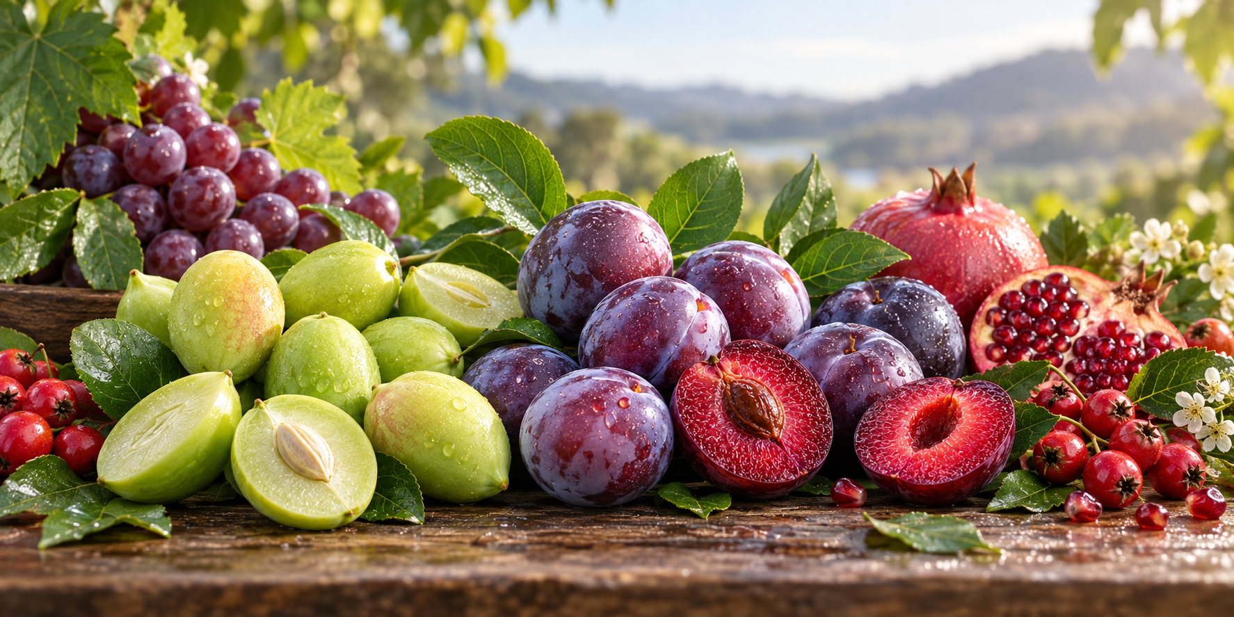Australian superfruits including Kakadu plum, Davidson's plum, grapes and pomegranate on a rustic table