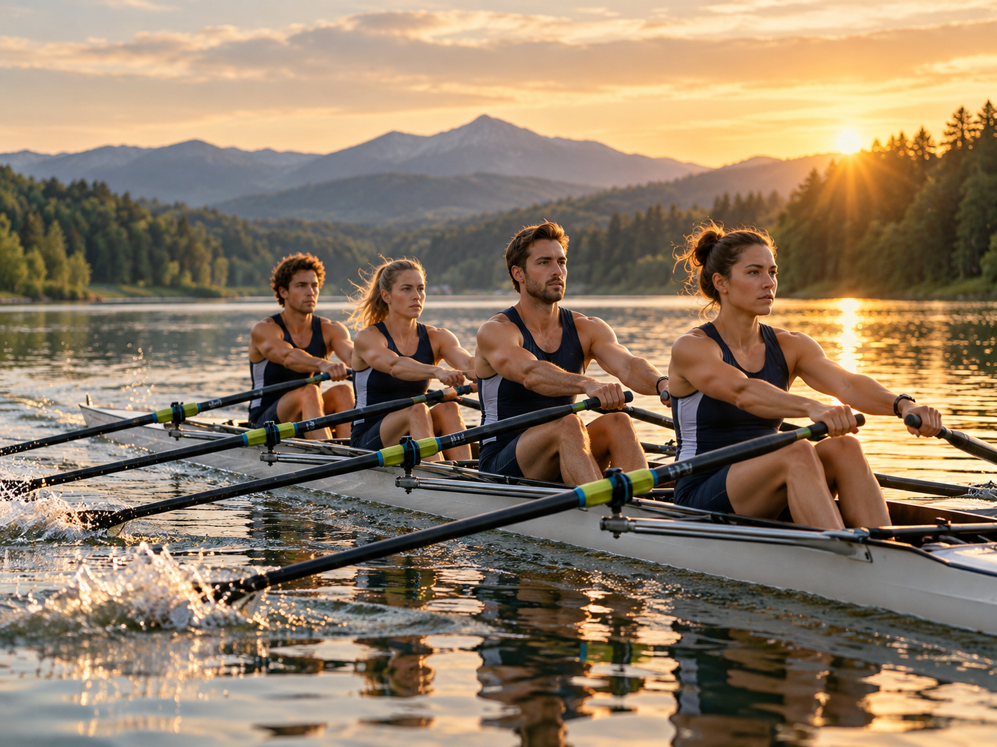 Four rowers moving in perfect synchrony at sunrise