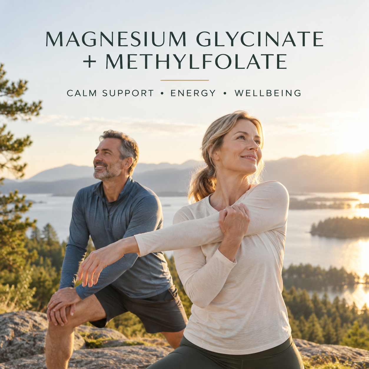 Magnesium Glycinate + Methylfolate — active couple stretching outdoors at sunrise
