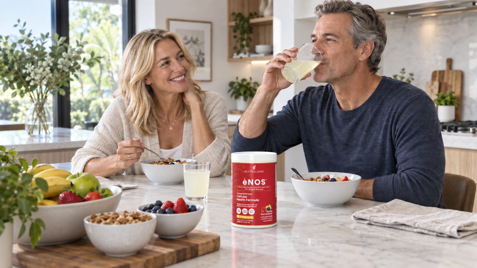 Couple enjoying breakfast at home with a glass of ėNOS and the ėNOS canister on the counter