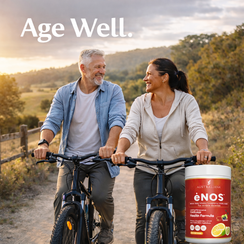Mature couple riding bikes on a country trail with the ėNOS canister