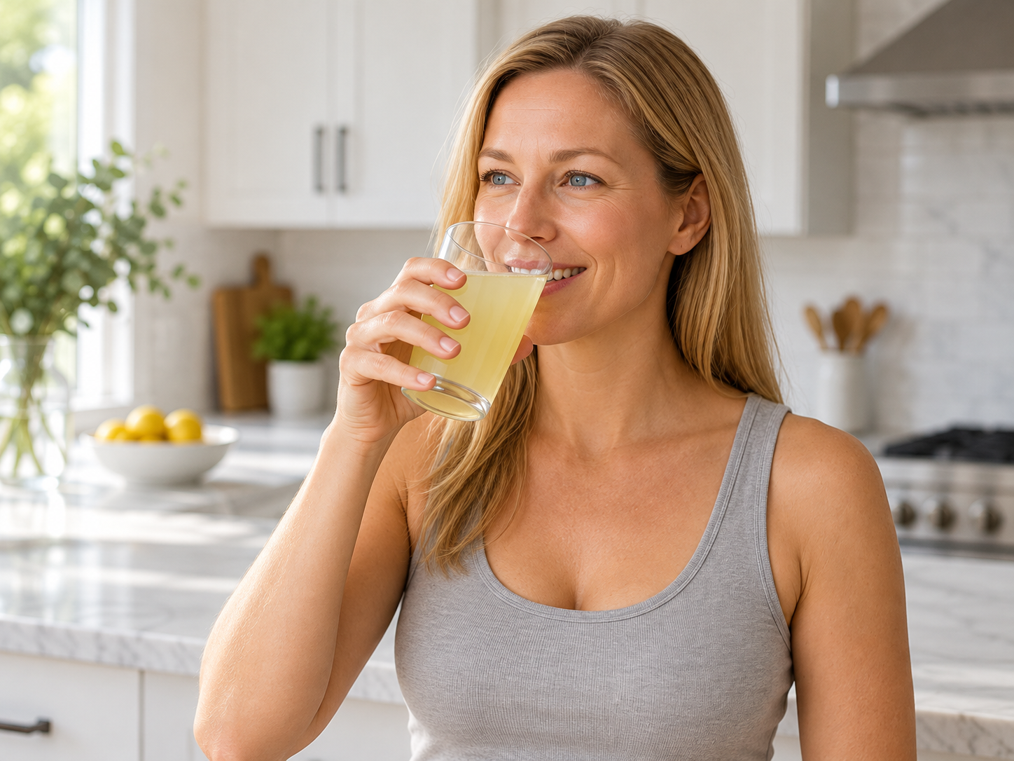 Woman sipping a glass of ėNOS in a bright kitchen
