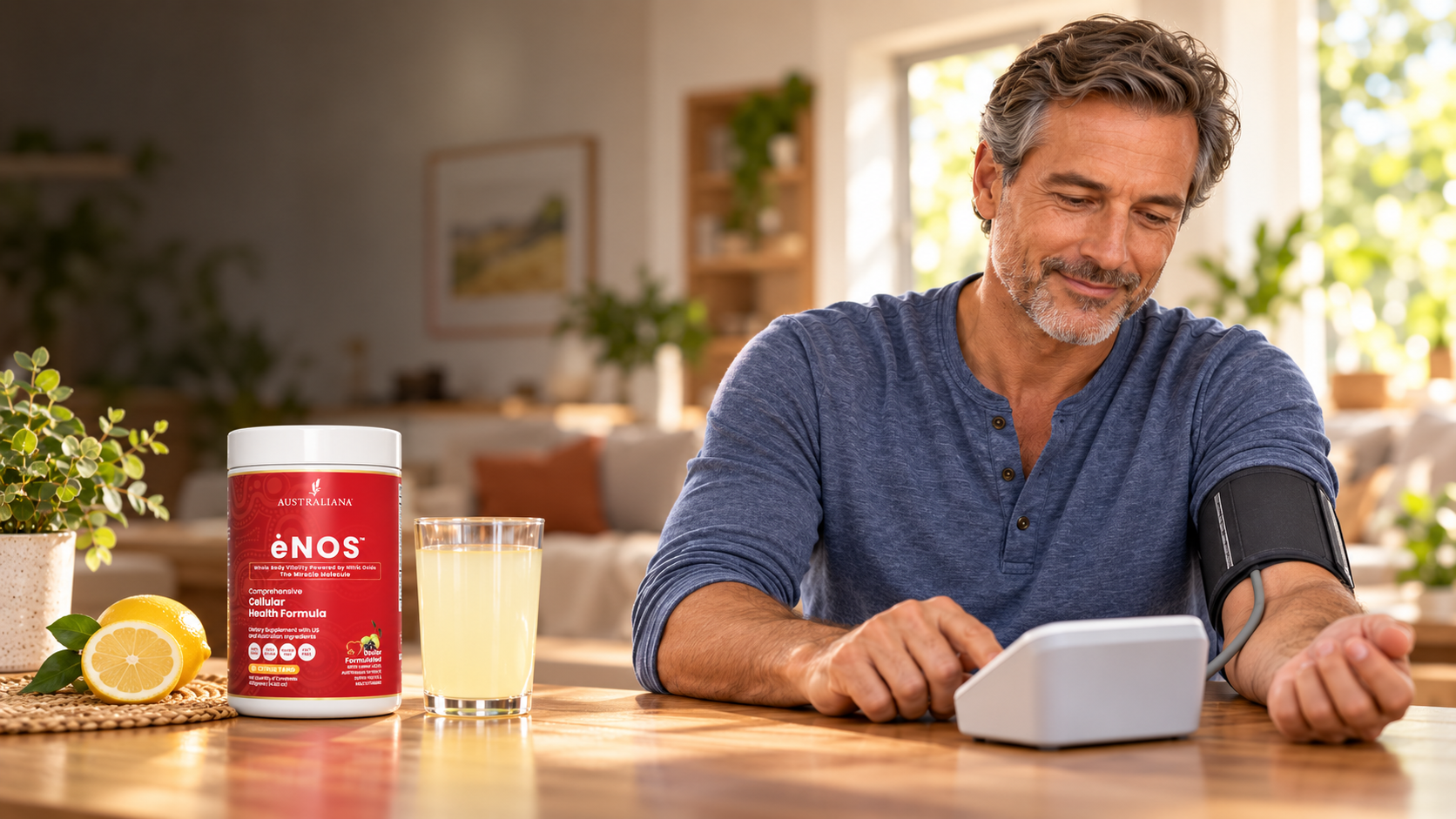 Man checking his blood pressure at home with the ėNOS can and a glass of ėNOS on the table
