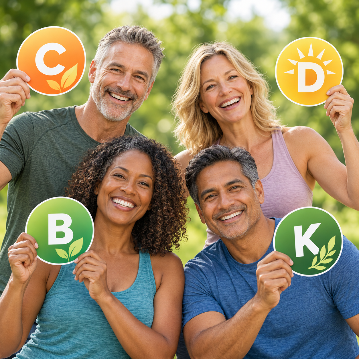 Four smiling adults outdoors holding vitamin C, D, B and K signs