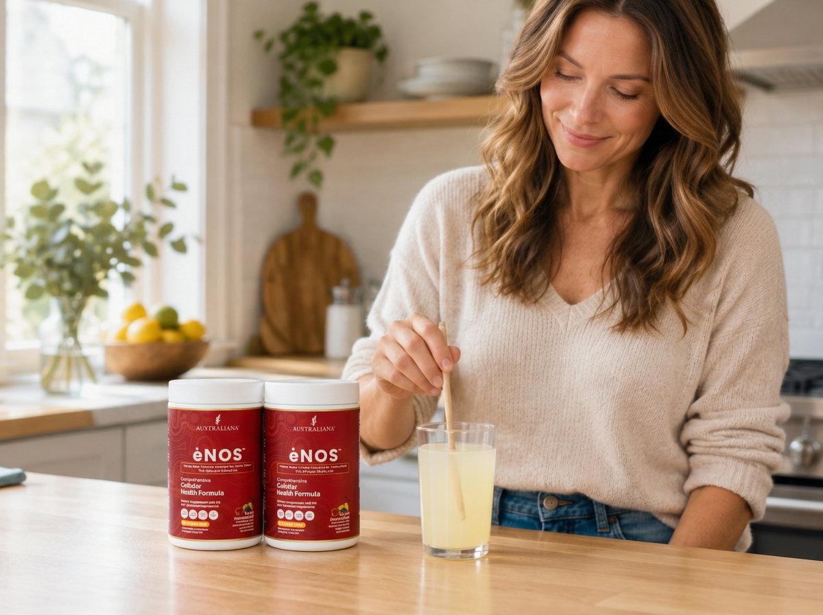 Two canisters of ėNOS on a modern kitchen table beside a glass of pale lemon ėNOS drink a woman is stirring