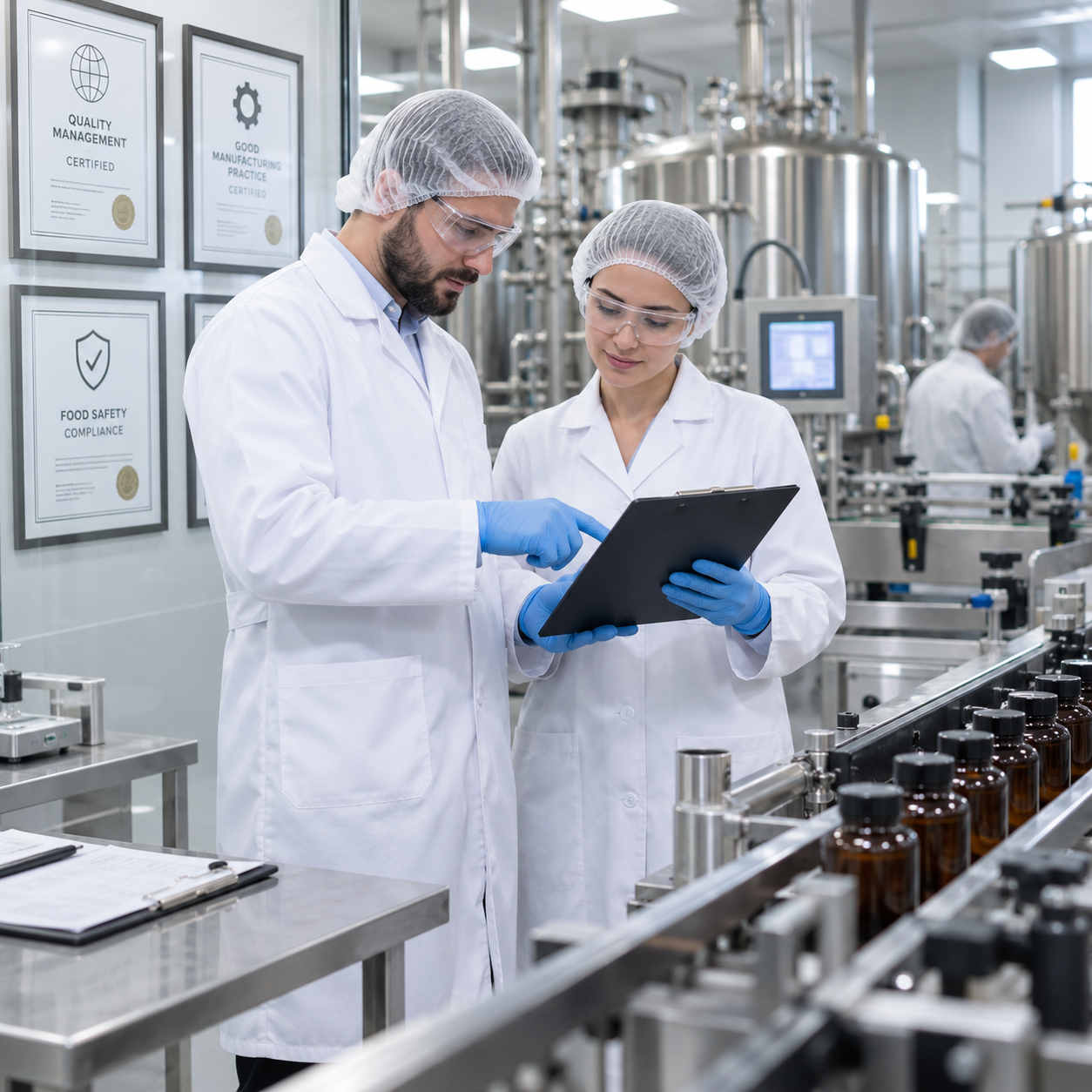 Staff in protective clothing inside a GMP manufacturing facility