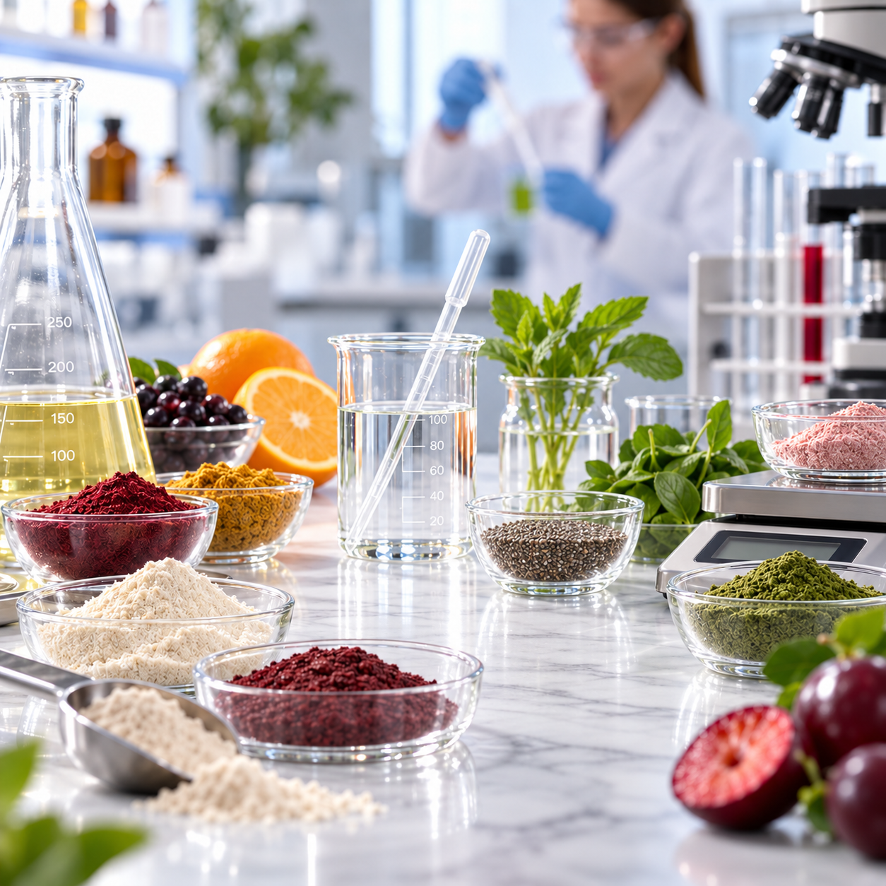 Laboratory bench with fruits, herbs and beakers used to select ėNOS ingredients