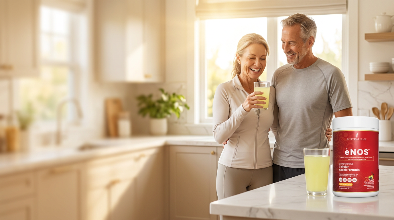 Smiling couple in their kitchen enjoying a glass of ėNOS beside the ėNOS can