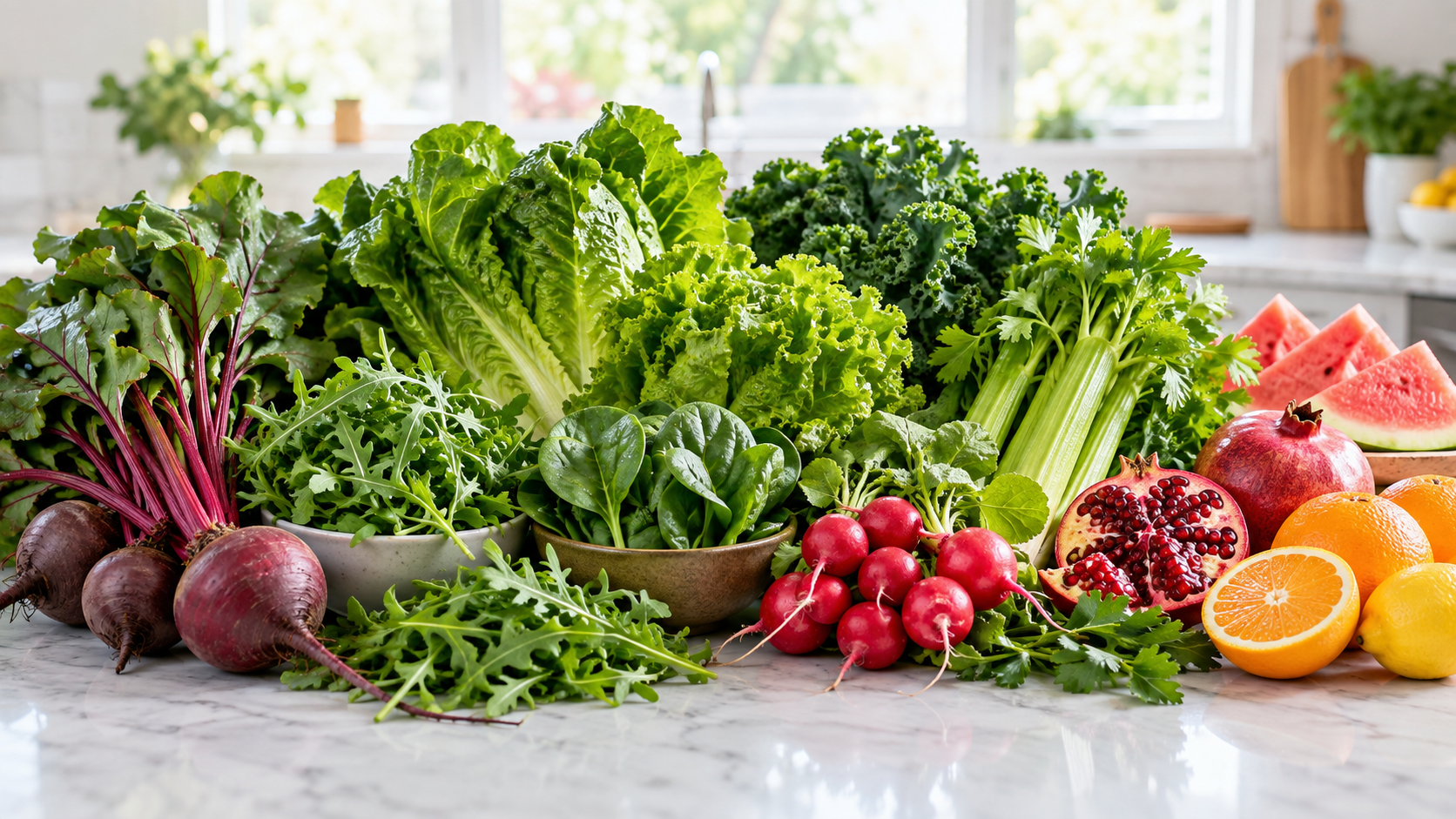 Leafy greens, beetroot and other nitrate-rich fruits and vegetables on a marble counter