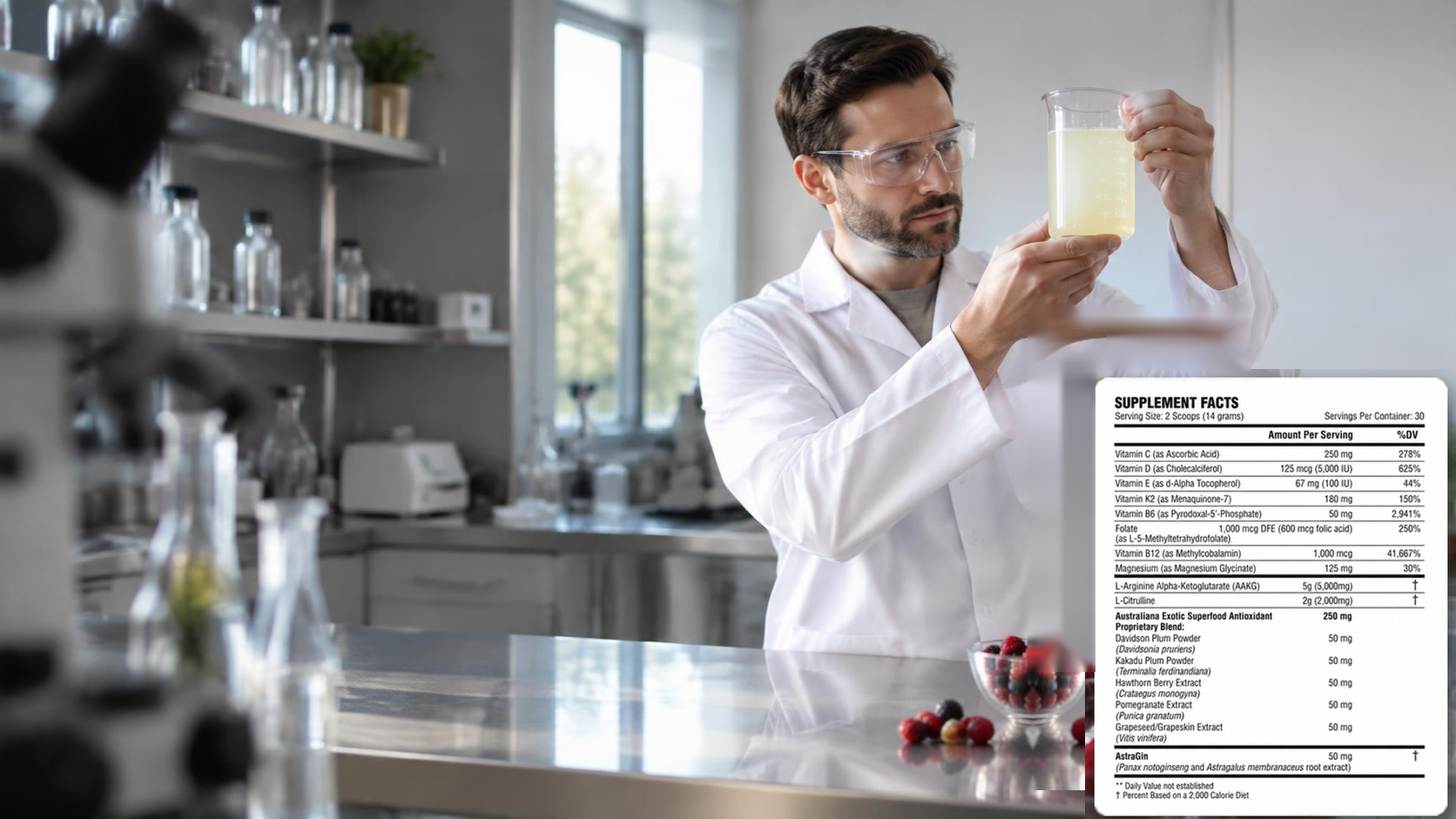 Scientists in a laboratory beside the ėNOS Supplement Facts panel