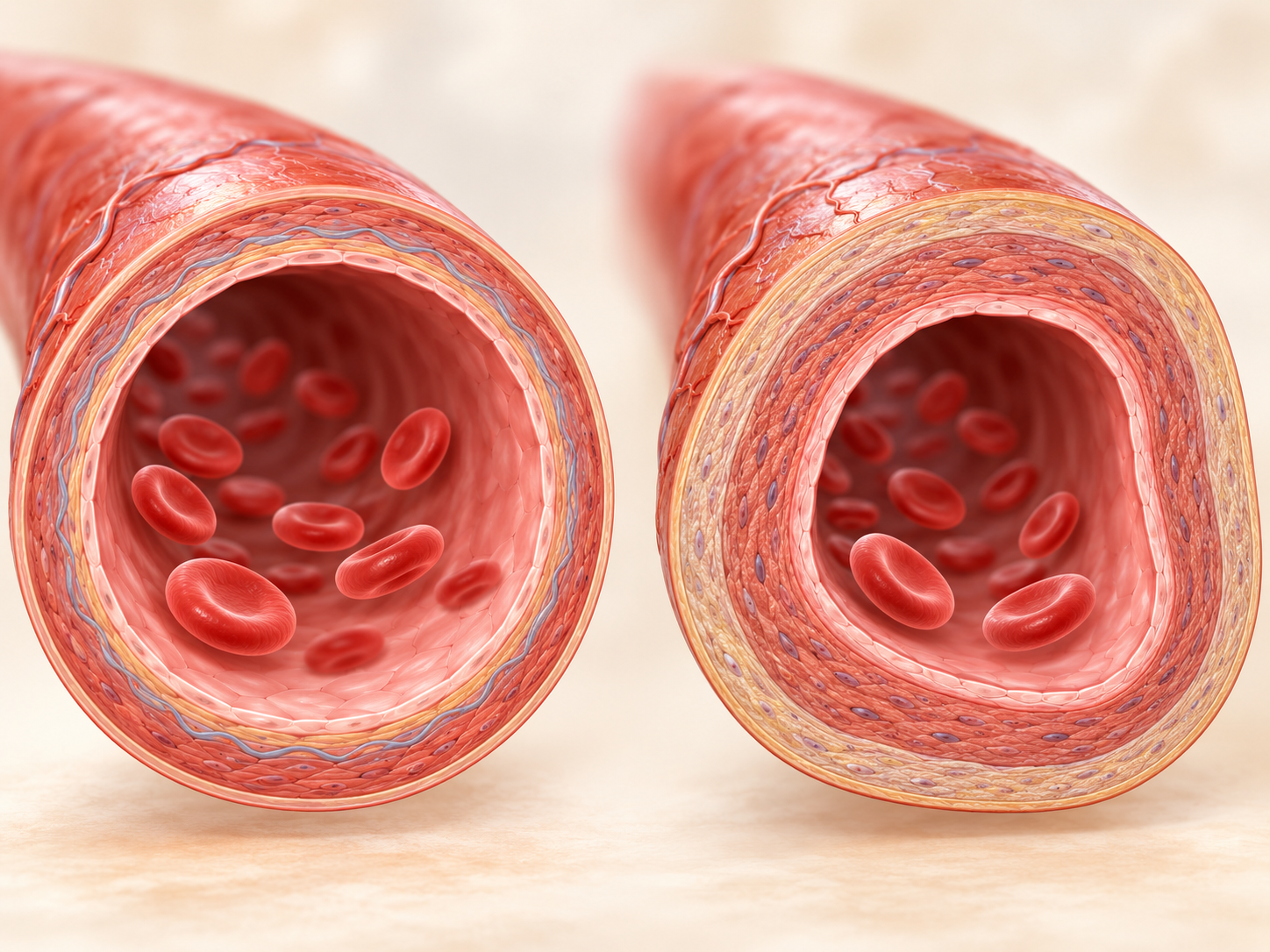 Side-by-side cross-section illustration of a youthful artery with a wide, open channel and an aged artery with a thickened wall and narrowed channel