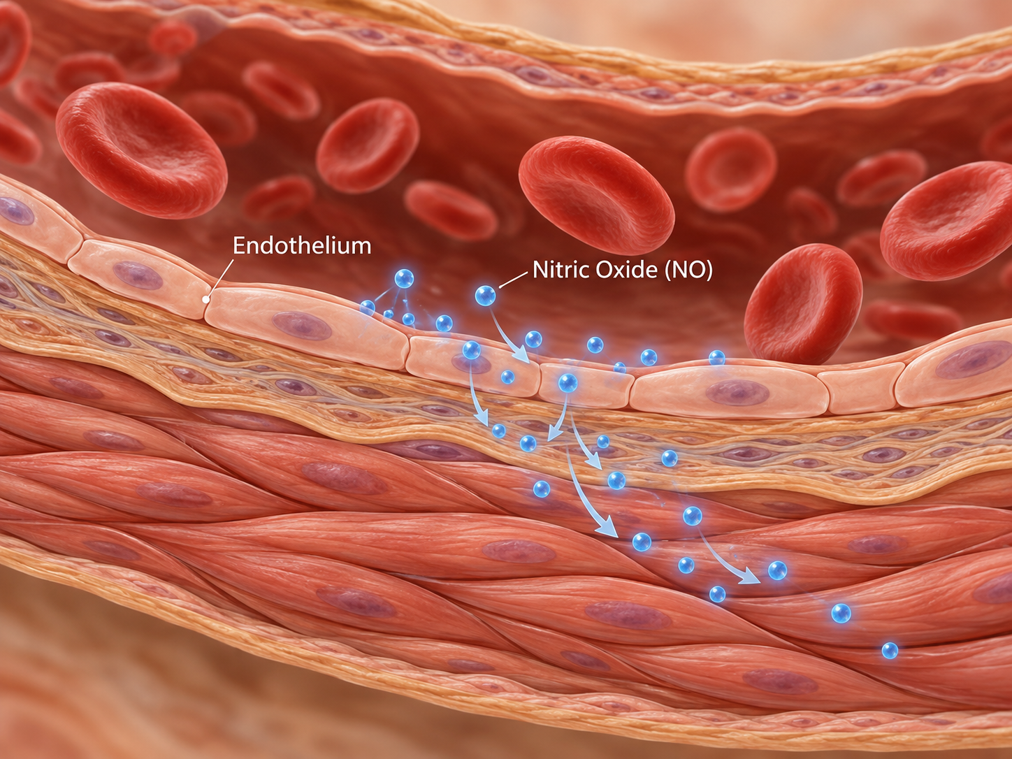 Illustration of a healthy artery cross-section showing nitric oxide diffusing from the endothelium into the vessel wall