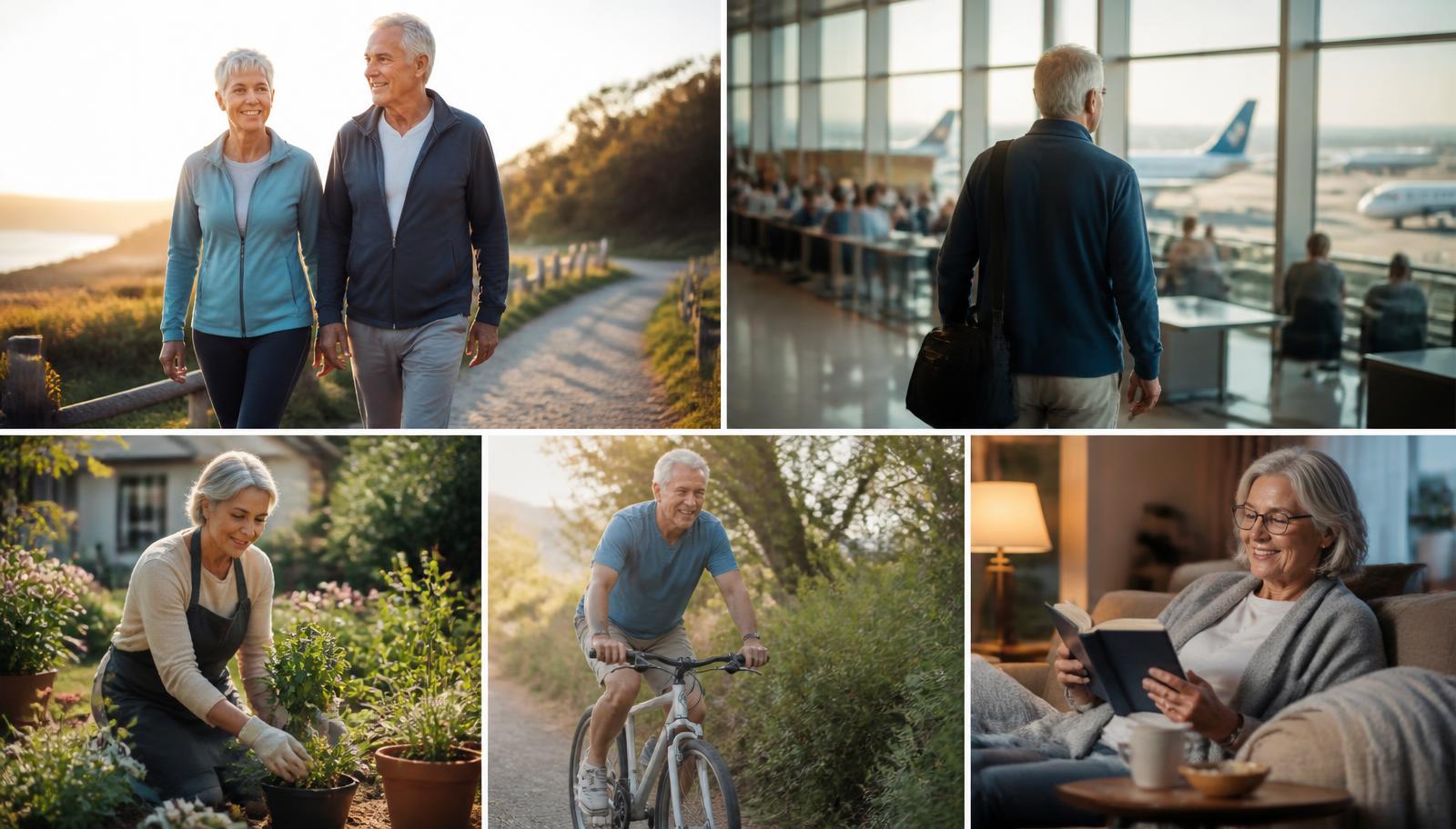 Adults aged approximately 55 to 70 through an active day: a morning walk, travel, gardening, cycling and relaxing afterwards