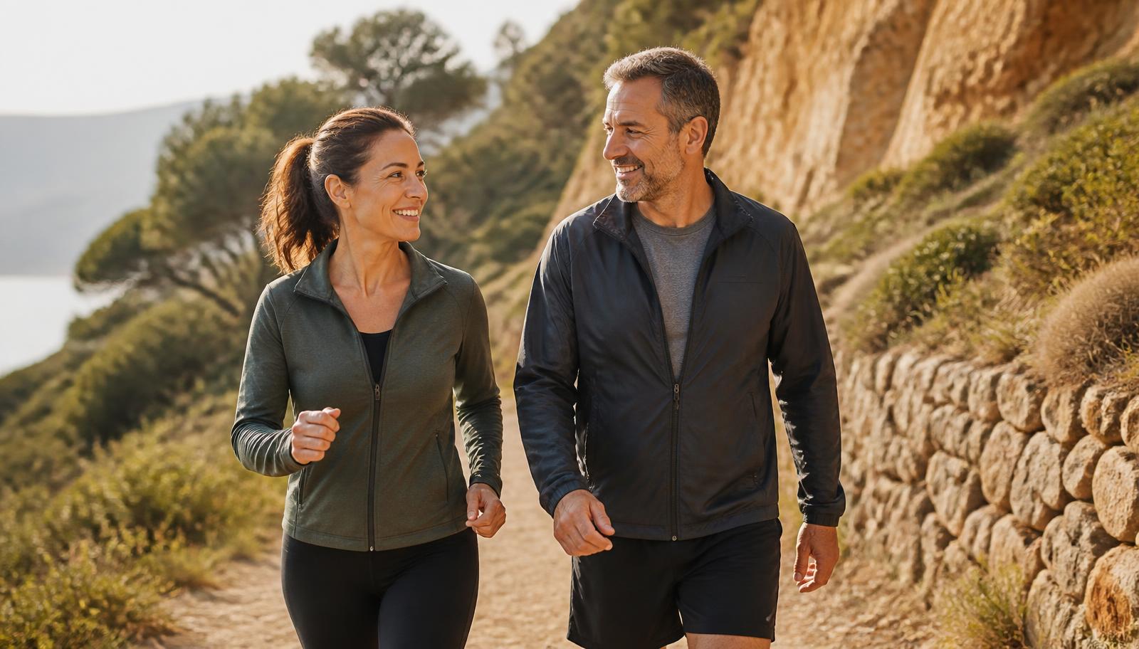 Active man and woman in their forties walking briskly outdoors on a sunlit trail
