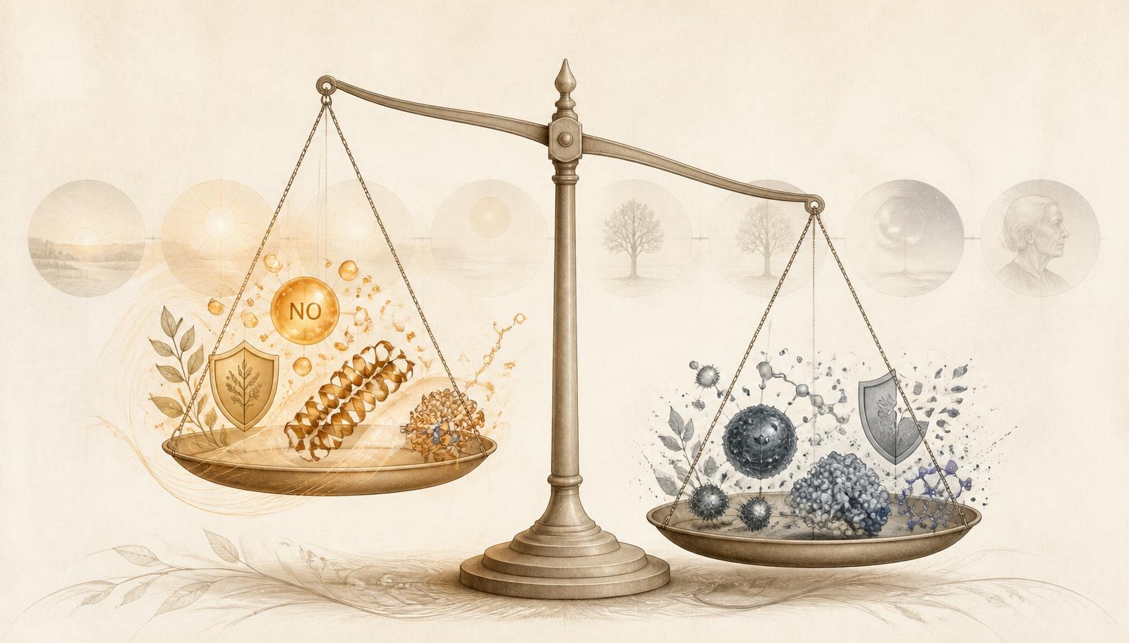 Balance scale weighing nitric oxide signalling and antioxidant defences against superoxide and declining BH4 with age