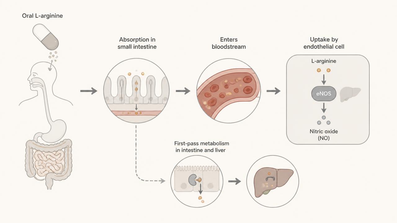 Illustration of oral L-arginine absorbed through the digestive system into the bloodstream and used by eNOS in an endothelial cell, with a side branch showing first-pass metabolism in the intestine and liver