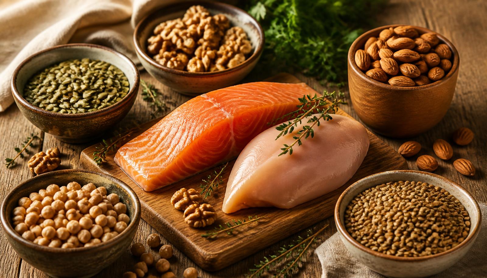 Overhead editorial photograph of arginine-containing foods including pumpkin seeds, nuts, legumes, fish and poultry