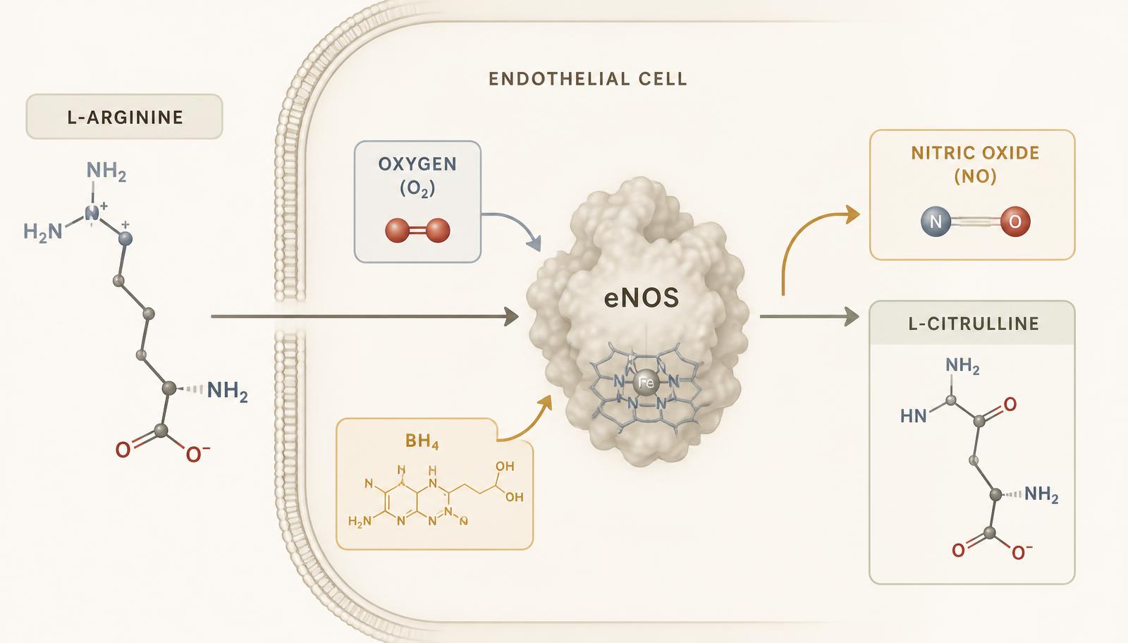 Molecular pathway showing L-arginine entering an endothelial cell, processed by the eNOS enzyme complex with oxygen and BH4 as supporting inputs, producing nitric oxide and L-citrulline
