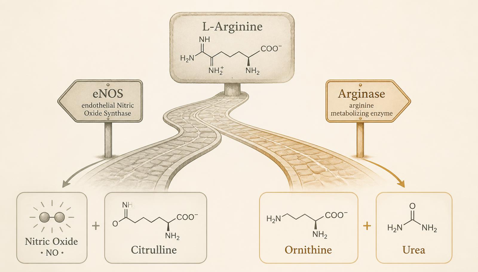 Road-fork illustration with L-arginine at the centre, one route through eNOS to nitric oxide and citrulline, the other through arginase to ornithine and urea
