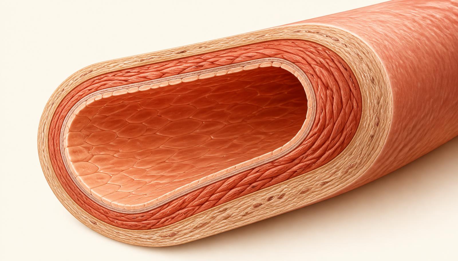 Cutaway illustration of a healthy artery showing the lumen, endothelium, smooth muscle layer and outer wall