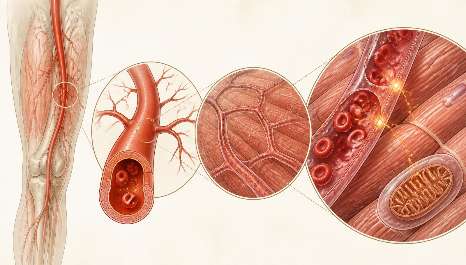 Zoom sequence from a leg artery through arterioles to a capillary network surrounding skeletal-muscle fibres, with red blood cells delivering oxygen toward mitochondria