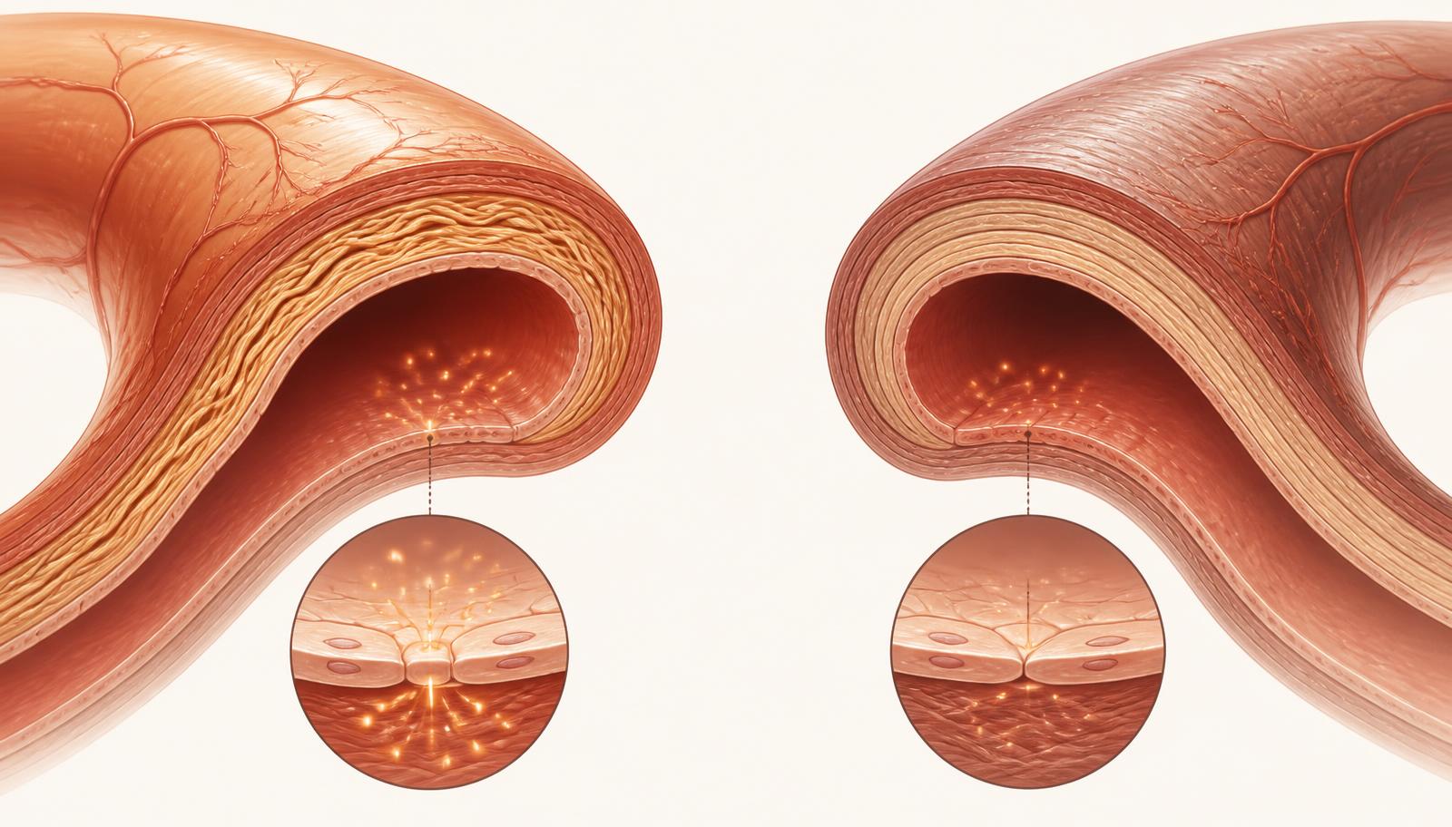 Side-by-side illustration comparing a younger elastic artery with an older, healthy but stiffer artery