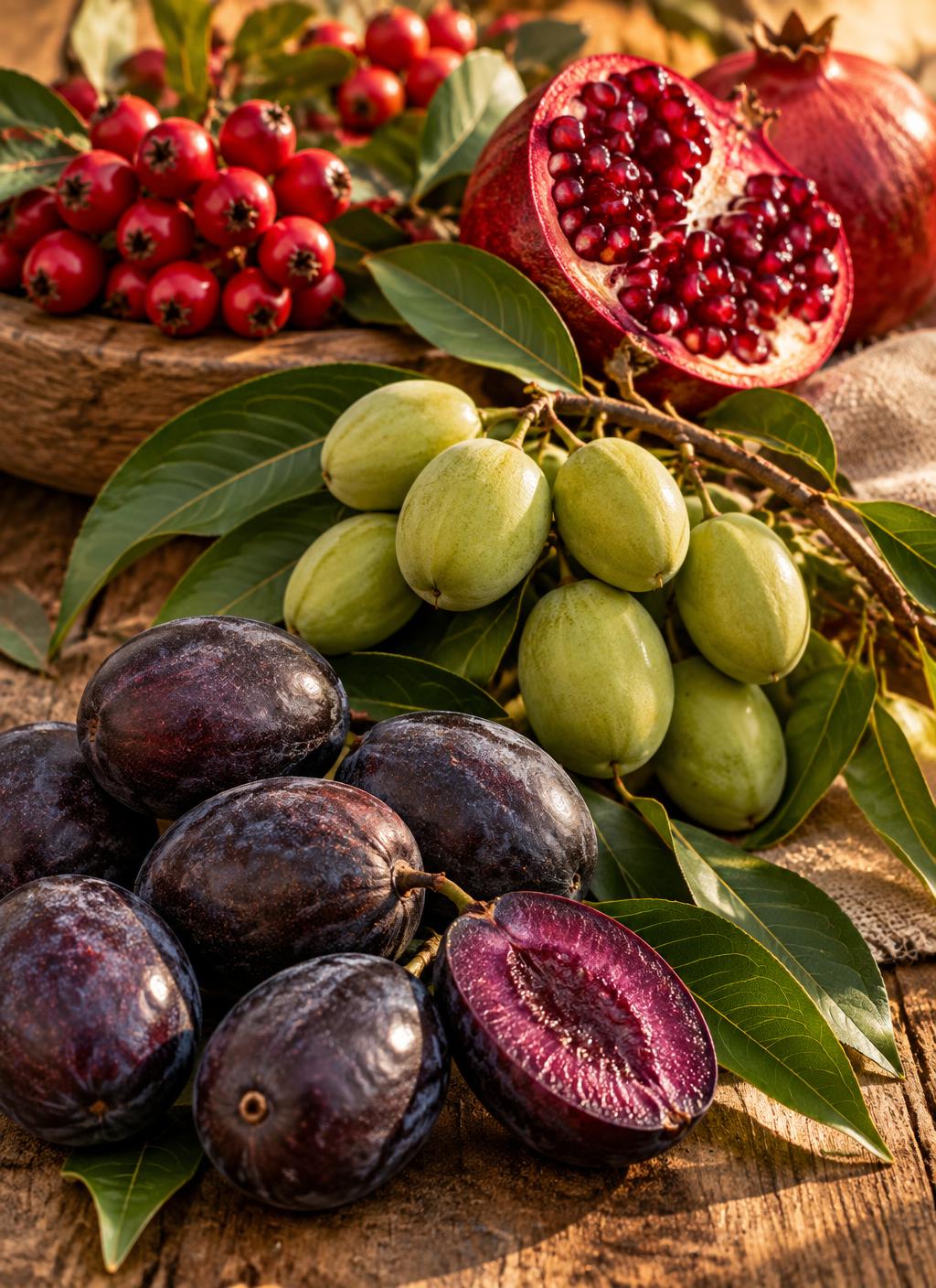 Davidson's plums, Kakadu plums, hawthorn berries and pomegranate on a rustic wooden table