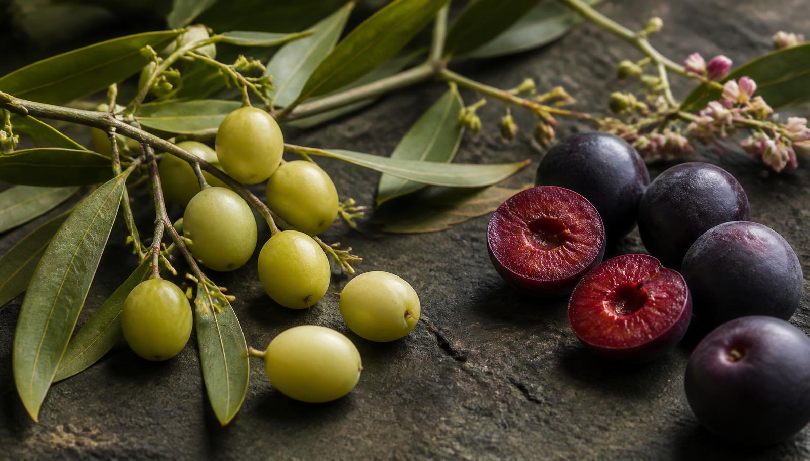 Botanical photograph of Kakadu plums on the branch beside deep purple Davidson's plums cut to show crimson flesh