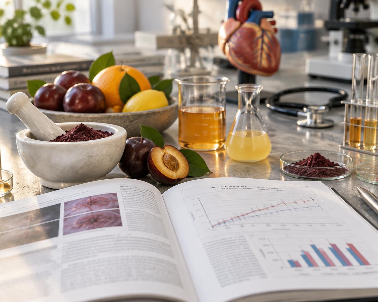 Peer-reviewed cardiovascular research alongside Australian superfruits and lab glassware