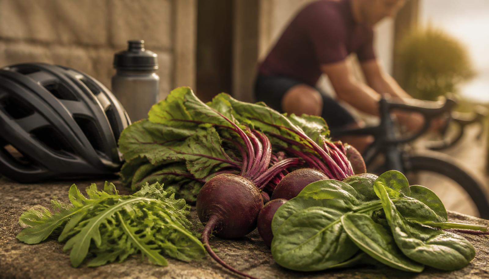Beetroot and leafy greens beside cycling gear, with an active adult preparing to ride