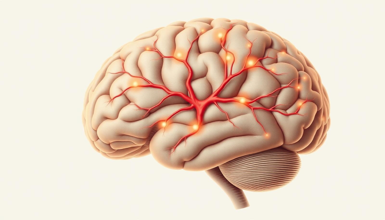 Illustration of a human brain with its cerebral arterial network delivering oxygen and glucose