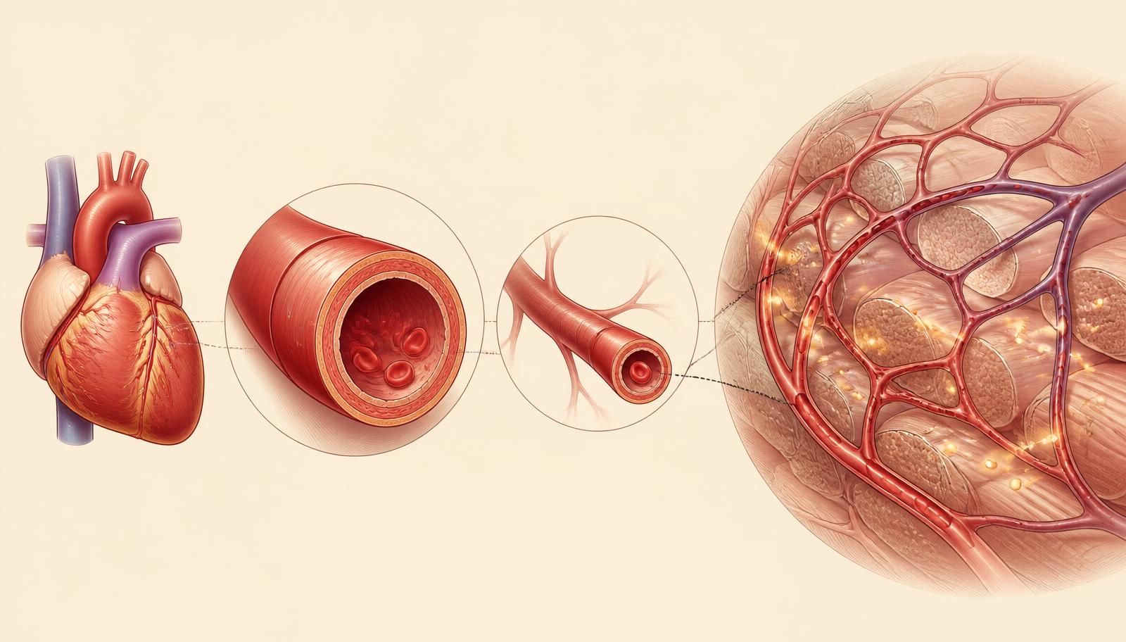 Progressive zoom from the heart to a major artery, an arteriole and a capillary network surrounding muscle cells