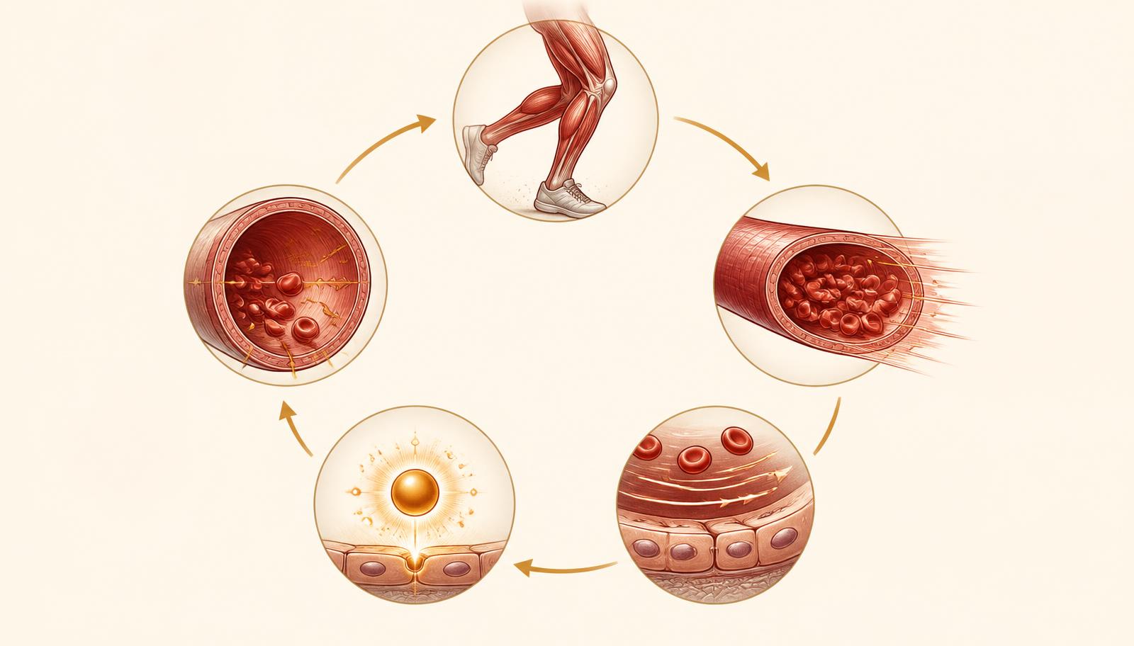 Circular diagram showing active muscle, increased blood flow, shear stress, endothelial signaling and vascular response