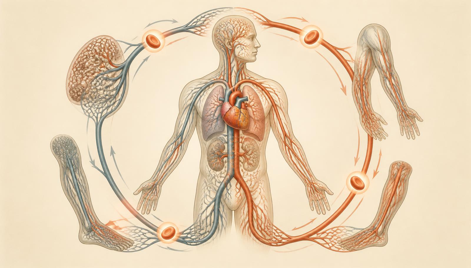 Illustration following one highlighted red blood cell from the body to the right heart, lungs, left heart, arteries, capillaries and back through the veins
