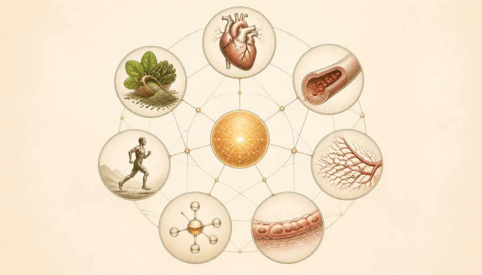 Systems map with healthy cardiovascular function at the center, connected to heart, arteries, microcirculation, endothelium, nitric oxide, muscle activity and nutrition
