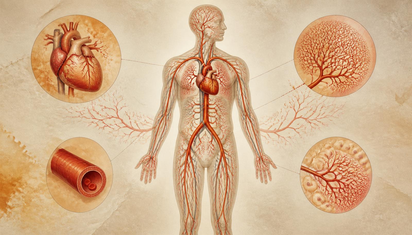 Anatomical illustration of the circulatory network showing the heart, large arteries, smaller vessels and capillary beds