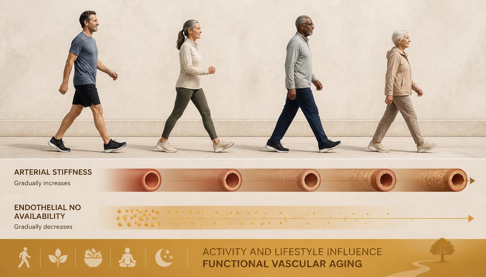 Horizontal graphic of active adults at approximately ages 40, 55, 65 and 75 above a conceptual band showing gradual vascular change