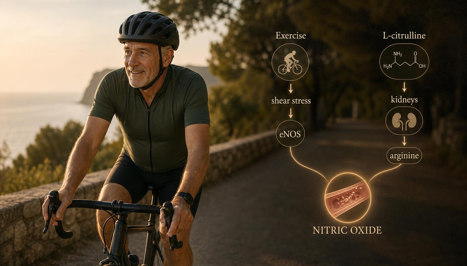 Active adult cycling with overlaid pathways showing exercise leading to shear stress and eNOS, and L-citrulline leading through the kidneys to arginine, both converging on endothelial nitric oxide