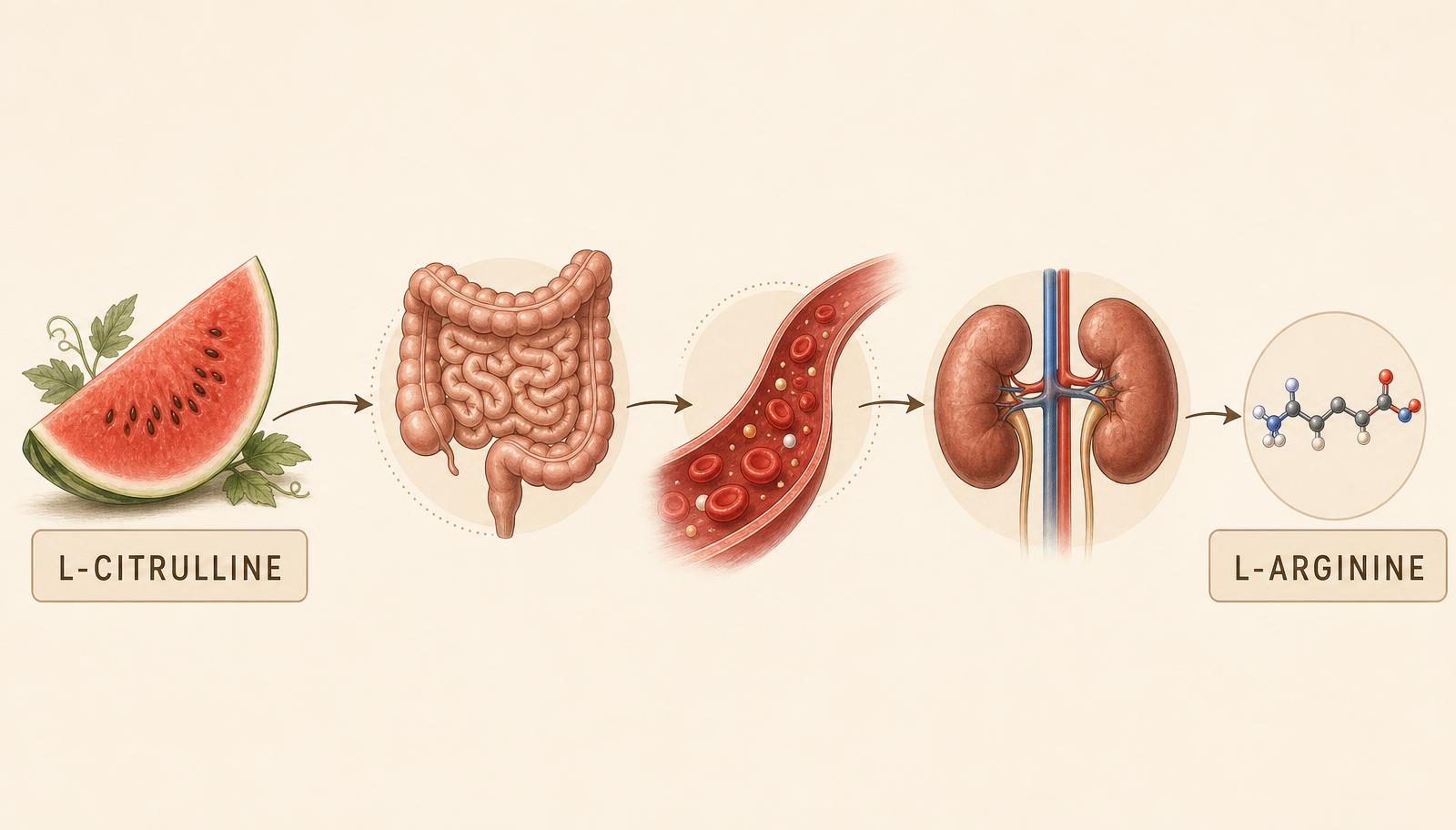 Watermelon labeled L-citrulline flowing through the intestine, into the bloodstream, to the kidneys and ending at L-arginine