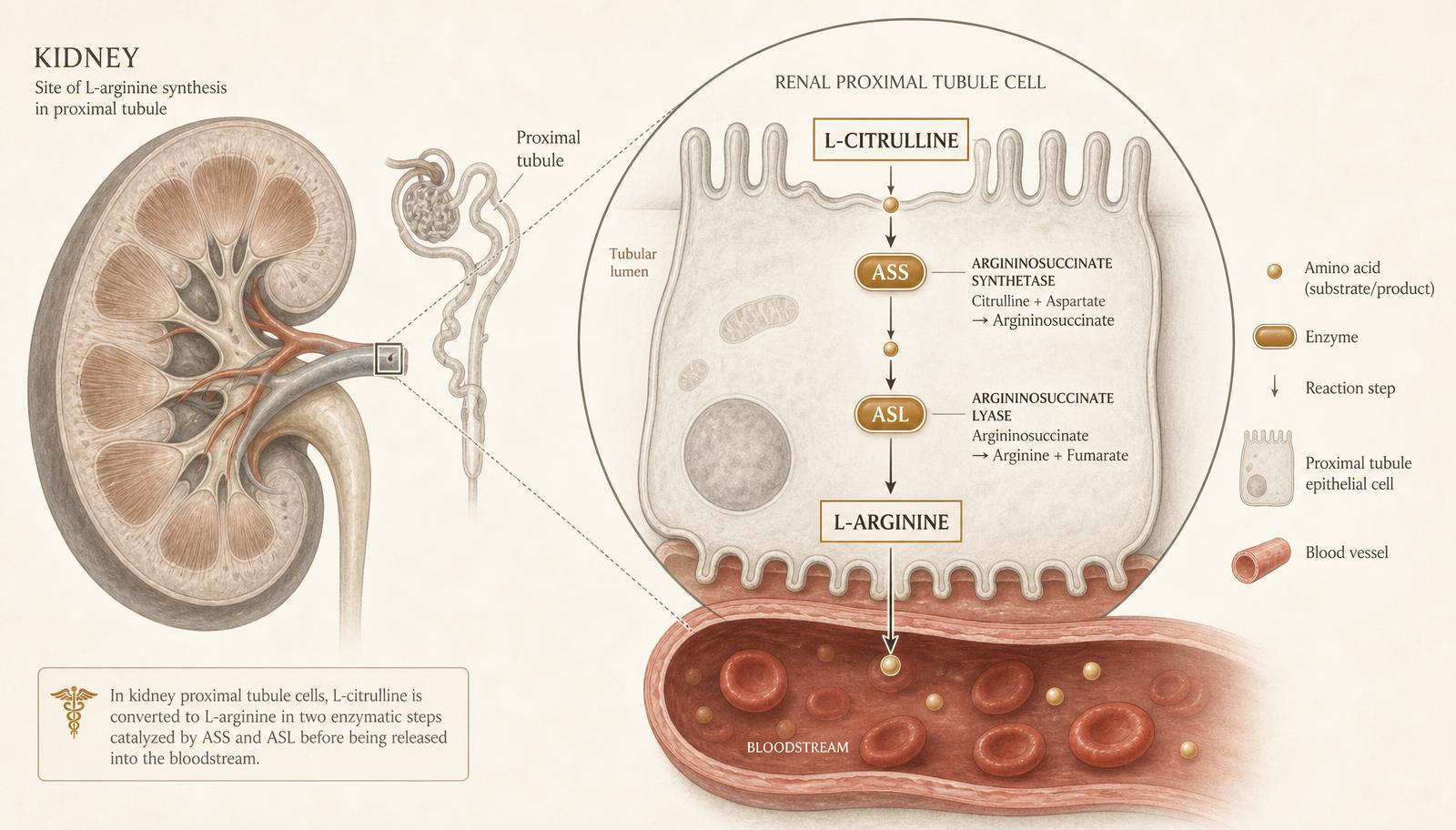 Kidney with a magnified renal proximal tubule cell showing citrulline entering, ASS and ASL conversion steps and arginine leaving into the bloodstream
