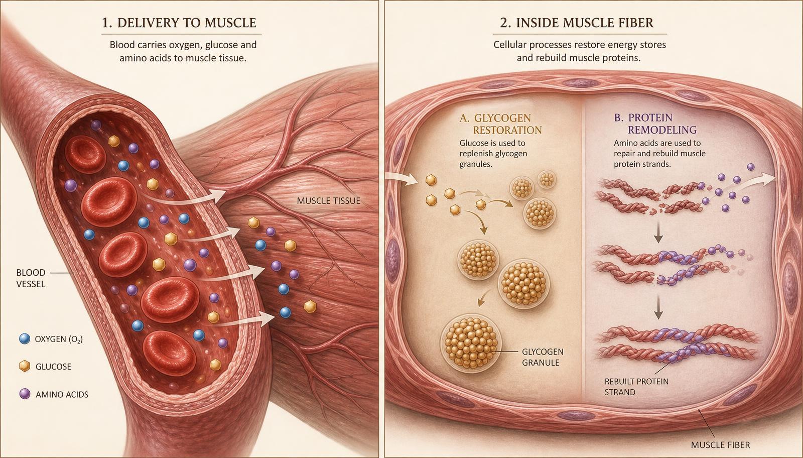 Split illustration: a blood vessel delivering oxygen, glucose and amino acids to muscle, and inside the muscle fiber glycogen restoration and protein remodeling