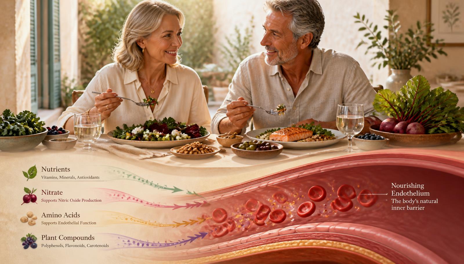 A couple in their late fifties sharing a colorful meal, with the scene transitioning into a cross-section of an artery lined by endothelium