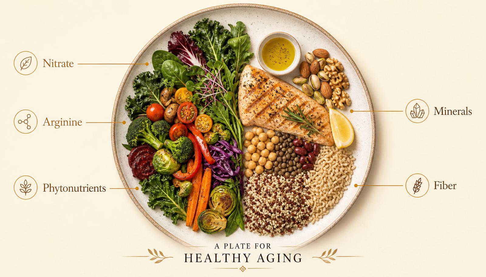 Overhead view of a plate roughly half filled with colorful vegetables plus protein, legumes, whole grains and healthy fats, labelled with nitrate, arginine, minerals, phytonutrients and fiber