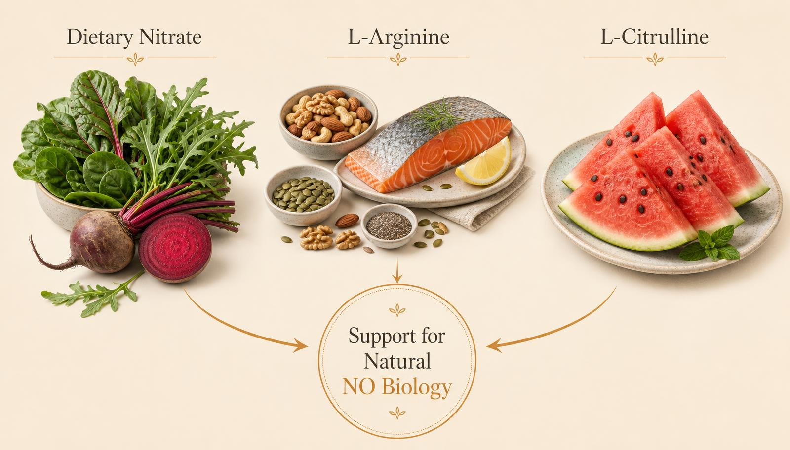 Leafy greens and beetroot labelled dietary nitrate, fish nuts and seeds labelled L-arginine, and watermelon labelled L-citrulline, all feeding toward support for natural NO biology