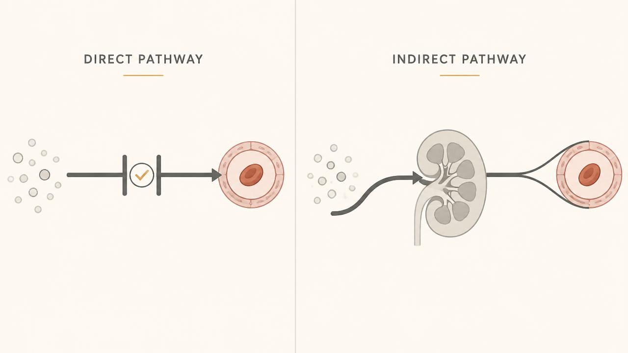 Split illustration contrasting the direct arginine route with its intestinal and hepatic first-pass checkpoint against the citrulline route with efficient absorption and kidney conversion