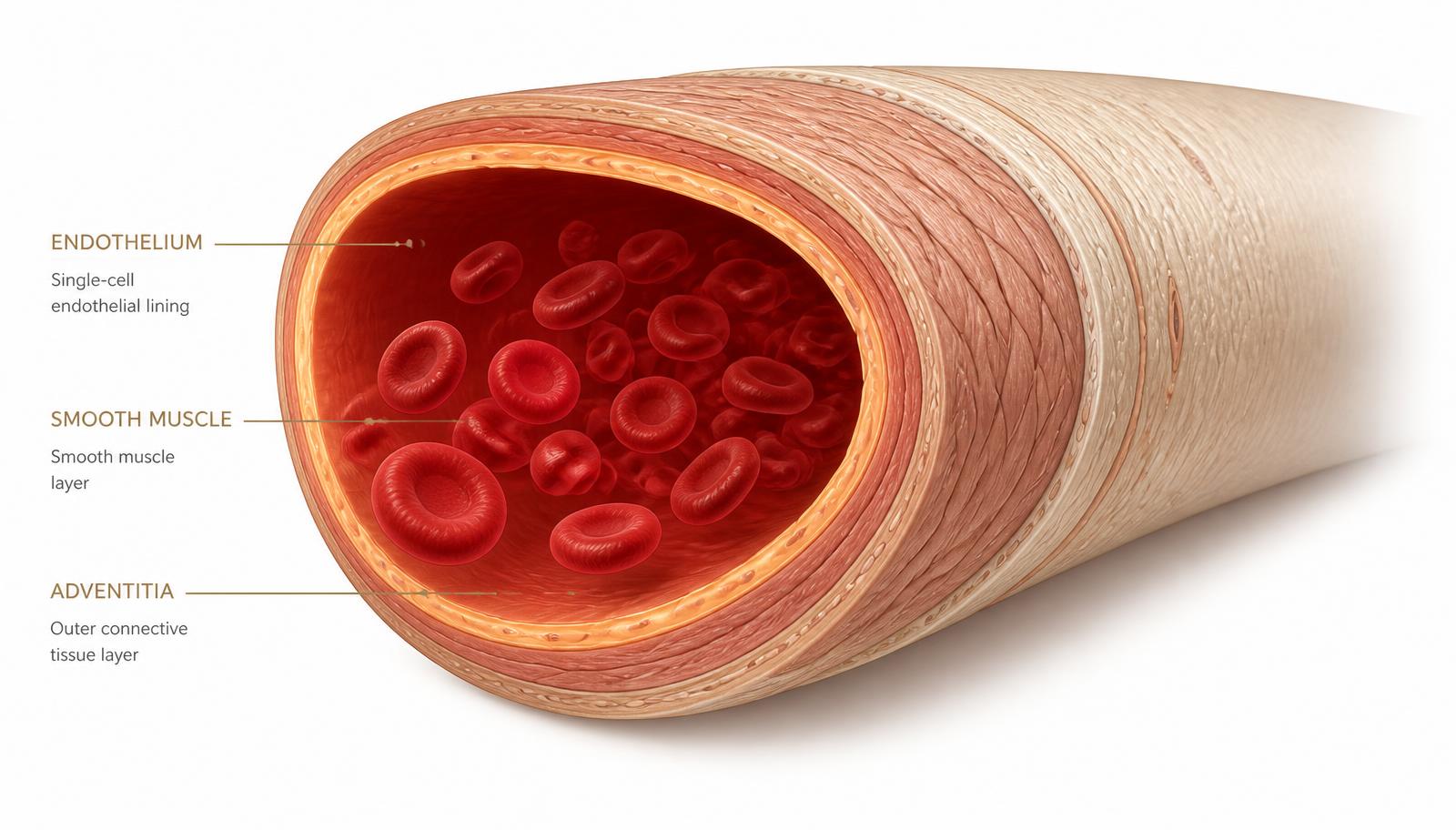 Cutaway illustration of a healthy artery showing red blood cells in the lumen and the thin endothelial lining along the inner surface